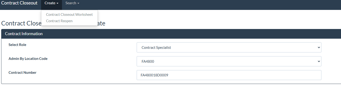 PIEE Create dropdown and Contract Information form