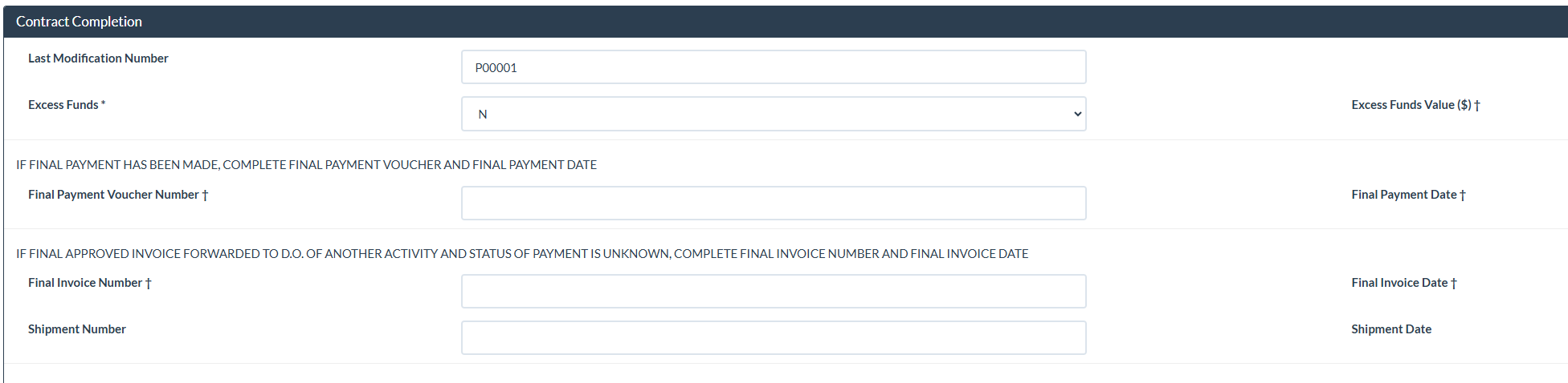 Contract Completion form with fields for modification number, excess funds, and final invoice