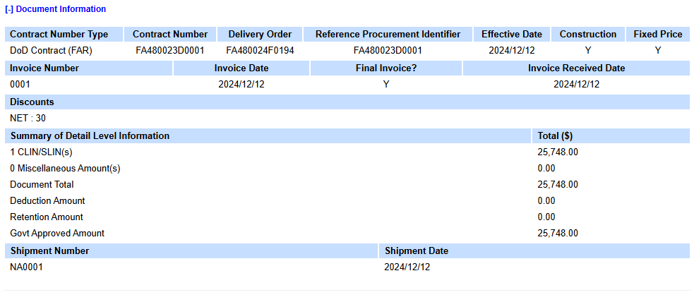 WAWF Document Information screen showing invoice details and amounts