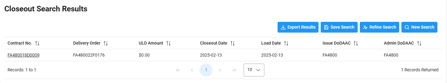 EDA Closeout Search Results showing a closed contract with date