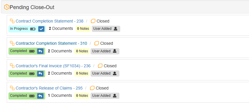 KTFS Pending Close-Out checklist showing Completion Statement, Final Invoice, and Release of Claims tabs
