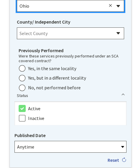 SAM.gov filter sidebar showing State, County, Previously Performed, and Status fields