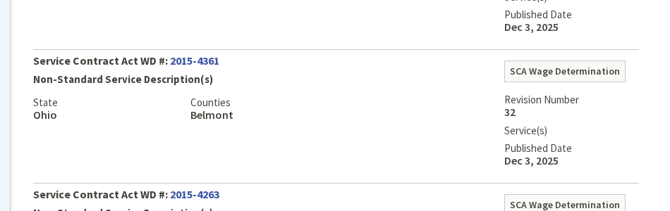 SAM.gov search results showing SCA wage determinations for Ohio