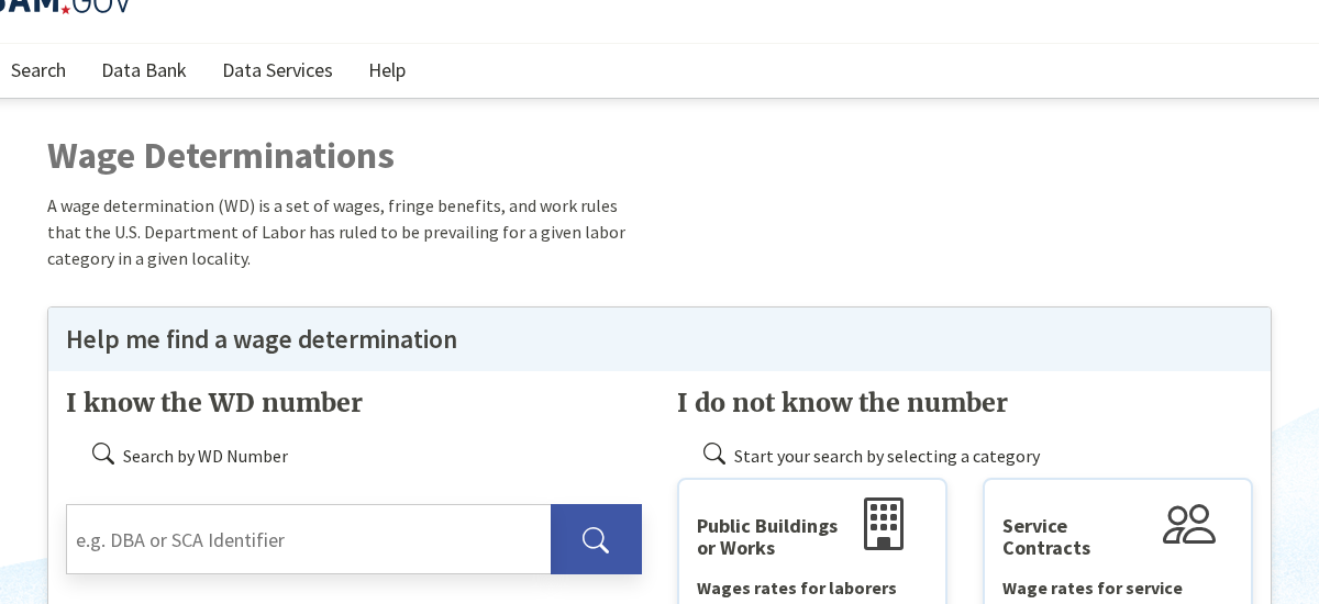 SAM.gov Wage Determinations search page showing DBA and SCA categories